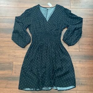 NWT Gap Black & White Polka Dot L/S Fit & Flare Dress Smocked Waist Large L